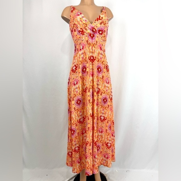 Kaos Jeans NEW Womens Sz 8 Orange Red Print 100% Viscose Maxi Dress Strappy Back - Picture 1 of 15